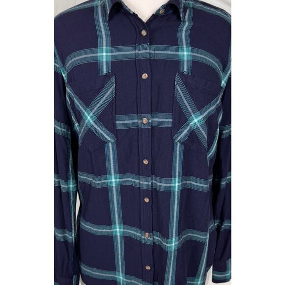 A New Day XL Button Front Blue Green Plaid Shirt 100% Rayon - Picture 2 of 7